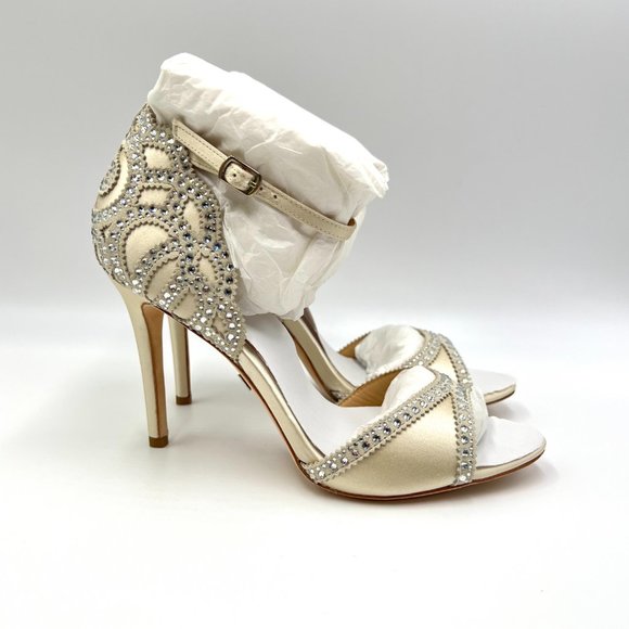 Badgley Mischka‎ Size 8 Roxy Jeweled Ivory Satin Open Toe Heels Pumps Shoes - Picture 1 of 13